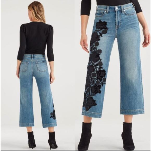 7 For All Mankind Cropped Alexa Jeans 26 Blue Denim Black Velvet Floral Appliqué - Picture 2 of 12